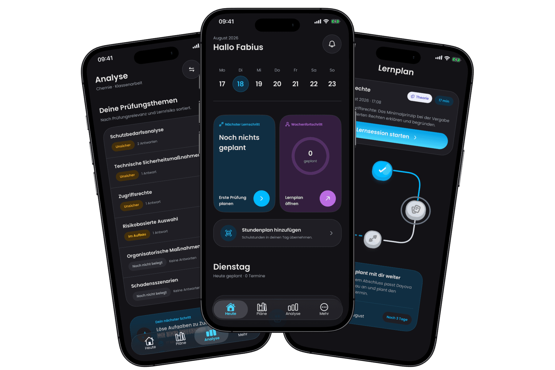 Drei Smartphones mit Lernplan, Tagesübersicht und Wissensanalyse in Dayova