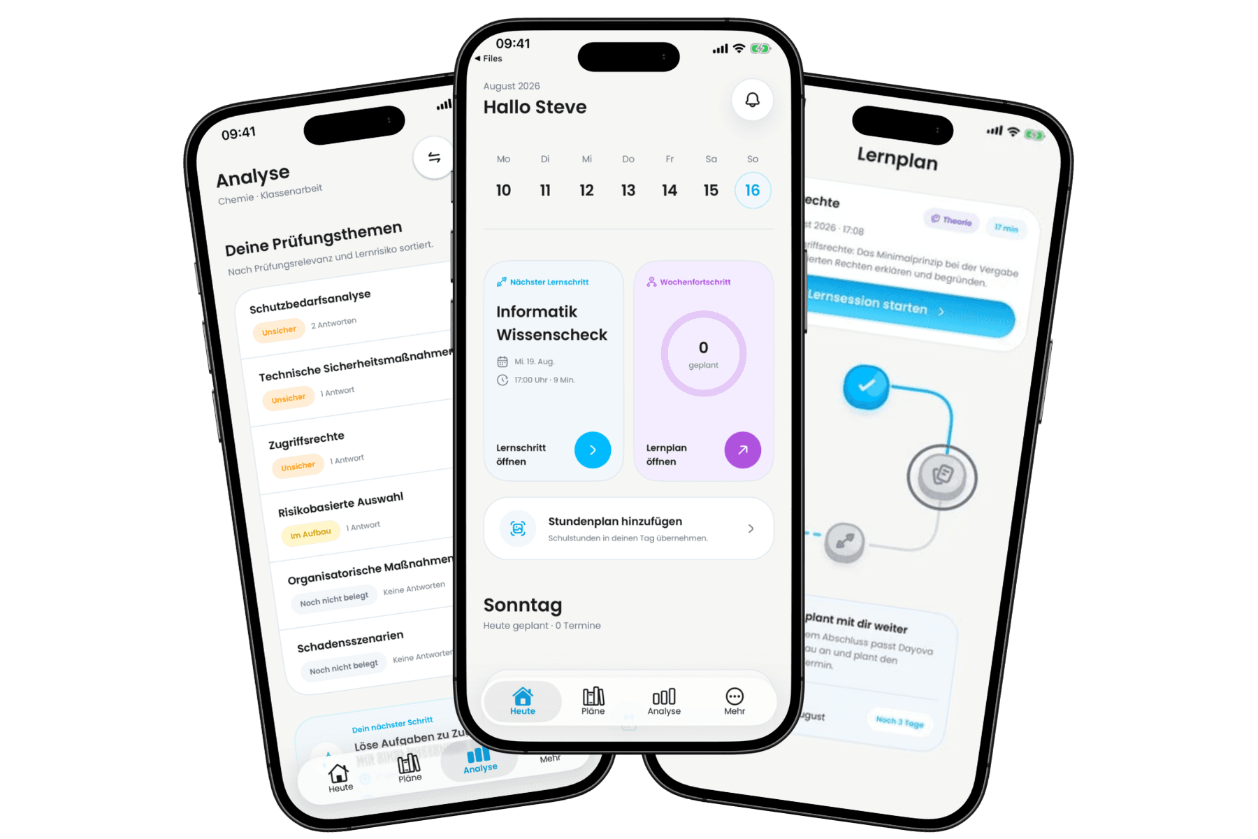 Drei Smartphones mit Lernplan, Tagesübersicht und Wissensanalyse in Dayova
