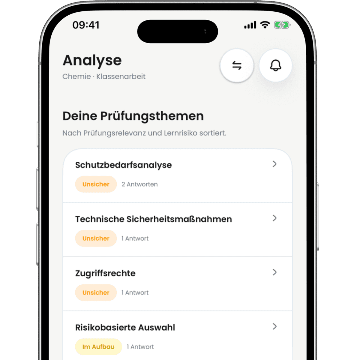 Dayova Wissensanalyse mit Prüfungsthemen, Stärken und Lernstand